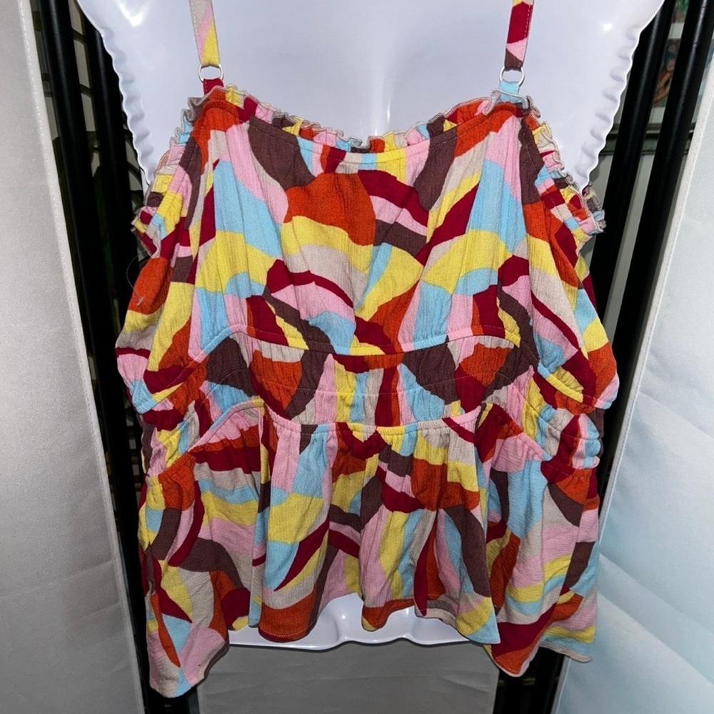 torrid Colorful Abstract Ruffle Tank Top - Red, Yellow, Blue, Pink, Brown - Picture 3 of 6